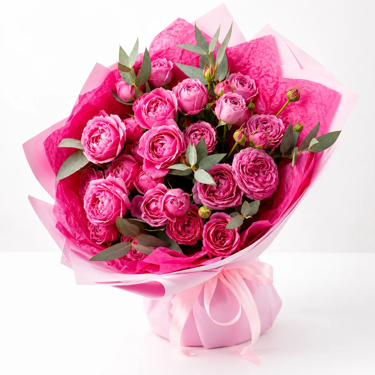 Fresh 7 Silva pink peony roses bouquet with greenery wrapped in luxurious floral paper